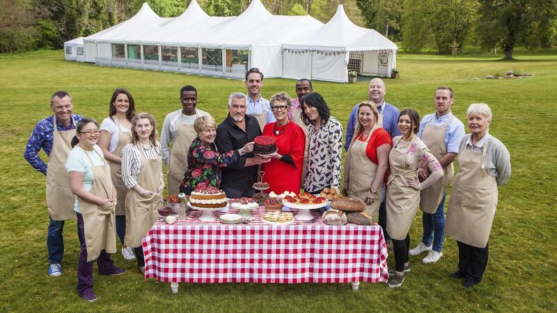 The judges (centre) on    the new Channel 4 series of the ‘Great British Bake Off’, Sandi Toksvig, Paul Hollywood, Prue Leith and Noel Fielding, with this year’s bakers, from left: Chris, Yan, Sophie, Julia, Liam, Tom, Peter, Stacey, James, Kate, Steven & Flo. Photograph: Channel 4