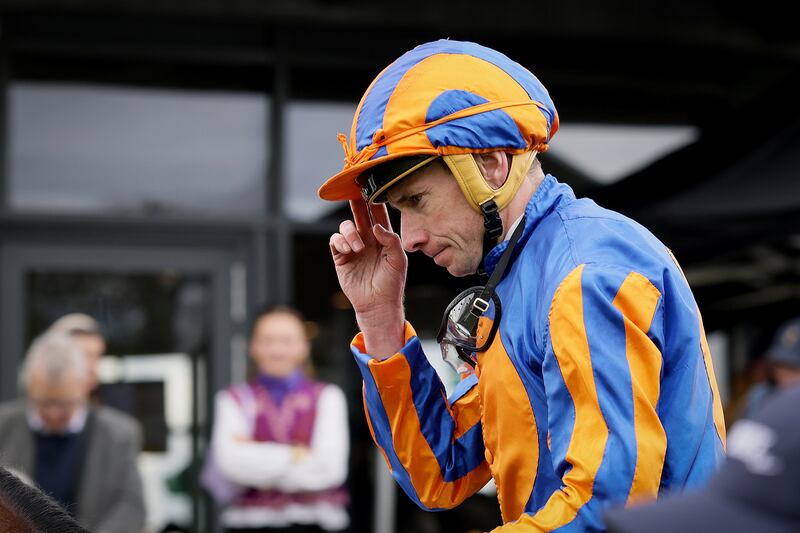 Ryan Moore on board Mission Central celebrates winning at Naas Racecourse on May 17th, 2026. Photograph: Laszlo Geczo/©INPHO