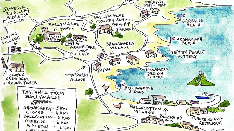 The local area surrounding Ballymaloe House and Cookery School. Illustration:  Lydia Hugh Jones