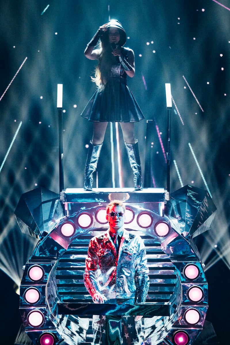 Eurovision 2025: Irish entrant Emmy rehearses Laika Party at St Jakobshalle, in Basel, Switzerland, where the song contest will be held. Photograph: Sarah Louise Bennett/EBU