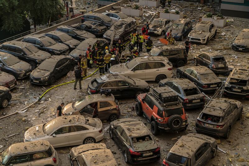 Russian forces fired more than 20 missiles at Ukraine’s capital in a predawn assault on Saturday, killing at least three people here. Photograph: Brendan Hoffman/The New York Times                      