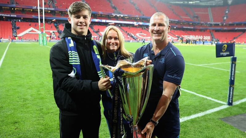 Leinster assistant coach Stuart Lancaster celebrates with his wife Nina and son Daniel after last year’s  Champions Cup Final victory over Racing 92  in Bilbao. Photograph: David Rogers/Getty Images