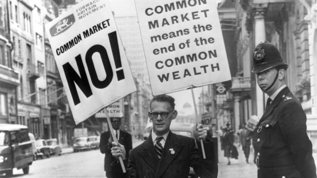 An Englishman waves placards against the UK joining the European Common Market a few years ahead of its entry. Photograph: Keystone-France/ Gamma-Keystone