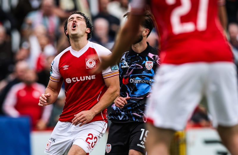 SSE Airtricity League Premier Division, Richmond Park, Dublin 2/8/2026
St. Patrick's Athletic vs Derry City
St Patrick's Athletic's James Brown reacts after a missed opportunity
Mandatory Credit ©INPHO/Tom Maher