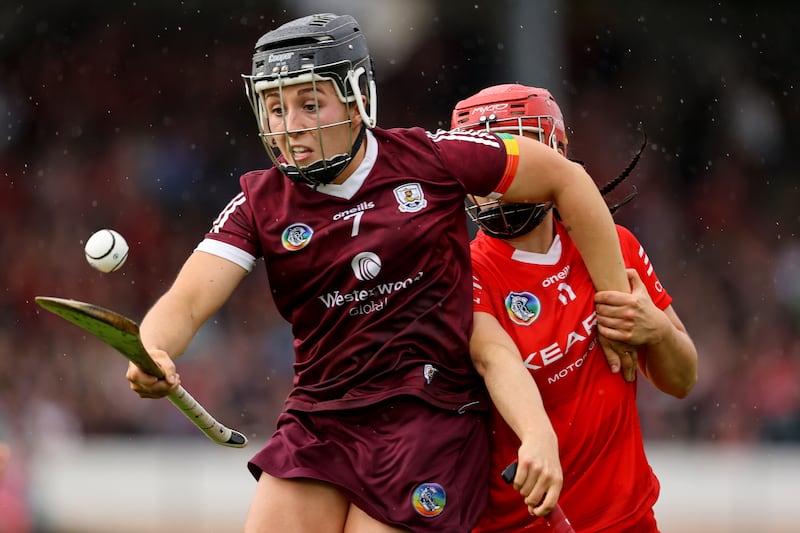 Galway's Dervla Higgins with Fiona Keating of Cork. Photograph: Ben Brady/Inpho