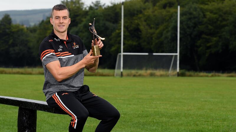 Waterford’s  Jamie Barron  with his PwC GAA/GPA hurler of the month award for July at his home club The Nire-Fourmilewater  in Ballymacarbry, Waterford. Photograph:  Matt Browne/Sportsfile