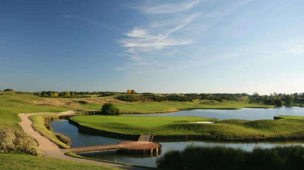 A view from behind the green on the 450 metre, par 5, 18th hole in Paris. Photograph: David Cannon/Getty Images