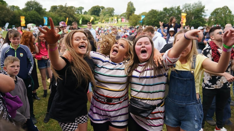 Sarah Barry (17), Chantelle Quigley (16) and Shauna O’Neill (14) enjoying Sean and Conor Price’s performance at Kaleidoscope Festival in Russborough House.  Photograph: Fran Veale
