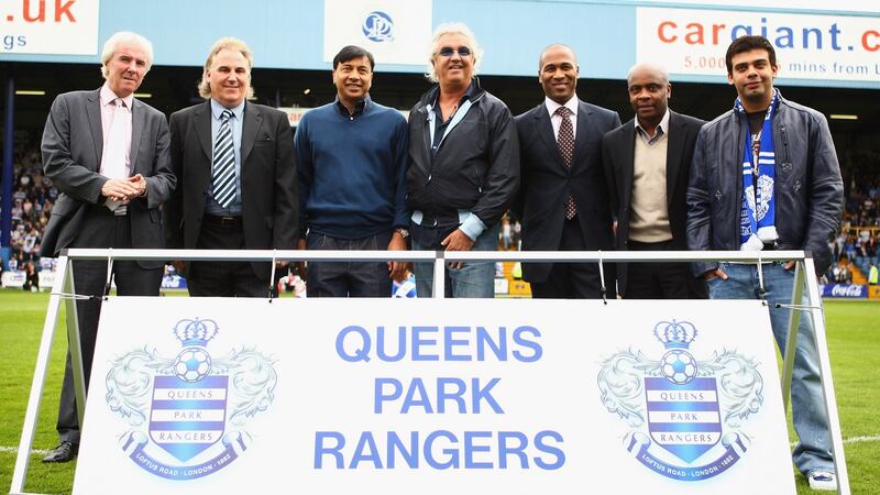 Bowles (far left) with Gerry Francis, Lakshmi Mittal, Flavio Briatore, Les Ferdinand, Paul Parker and Amit Bhatia at Loftus Road in 2008. Photo: Tom Shaw/Getty Images