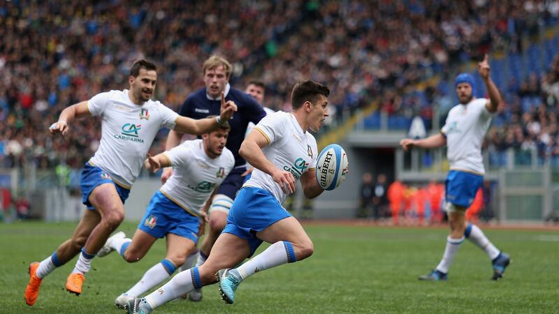 Tommaso Allan scores Italy’s first try during the Six Nations match  against Scotland at Stadio Olimpico  in Rome. Photograph: Paolo Bruno/Getty Images