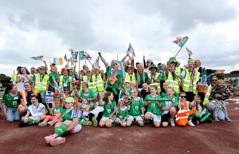 Relatives of Abbie Larkin ahead of the game attend a watch party, Ringsend, Dublin for the 2023 FIFA Women's World Cup Group B Australia vs Republic of Ireland. Photograph: INPHO/Tom Maher