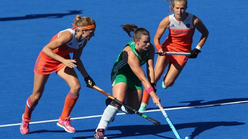 Ireland’s Lizzie Colvin  in action during  during the final of the FIH Women’s Hockey World Cup against the Netherlands at Lee Valley Hockey and Tennis Centre. Photograph: Sean Dempsey/EPA