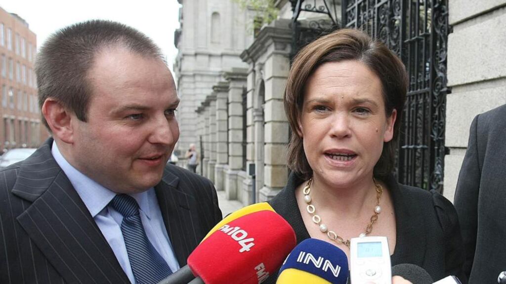 Sinn Féin TDs Pádraig Mac Lochlainn and Mary Lou McDonald both used their speeches to the ardfheis to criticise Fine Gael, Fianna Fáil and Labour for repeatedly criticising Sinn Féin’s role during the 30-year conflict. Photograph: Julien Behal/PA Wire.