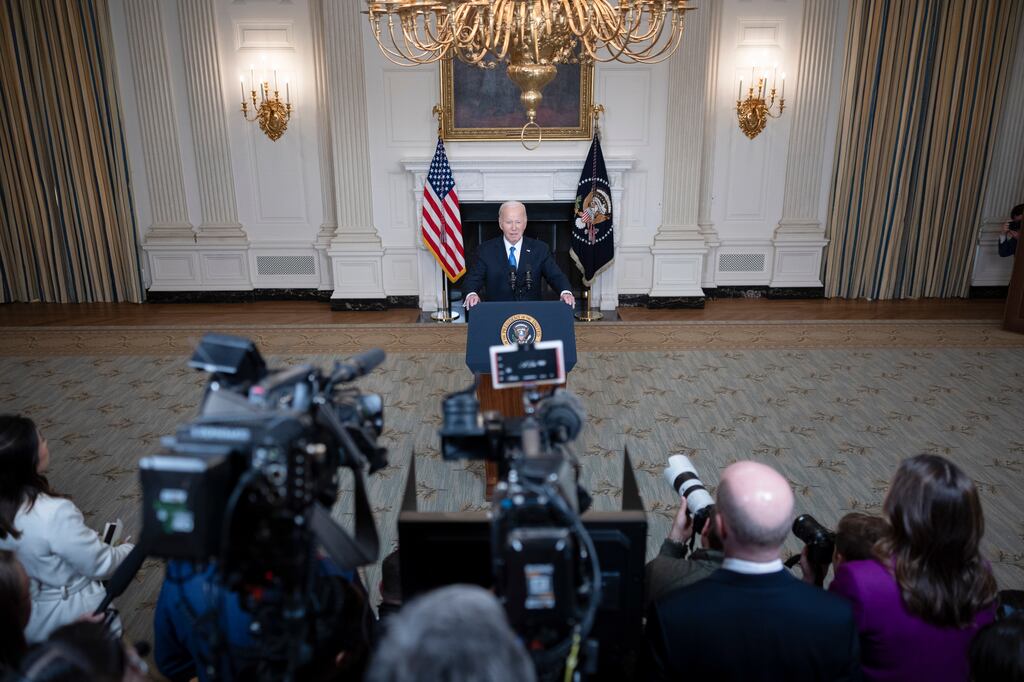 President Joe Biden delivers remarks at the White House on the Senate's passage of a Bill that would aid Ukraine and Israel. Photograph: Tom Brenner/The New York Times