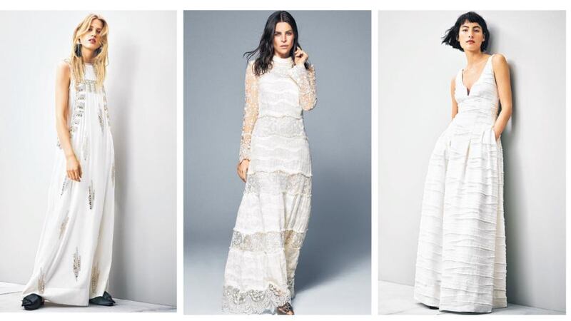 H&M Conscious Collection dresses, from left: metallic beaded dress, €499; tiered lace dress, €349; and textured plunge-front dress, €199