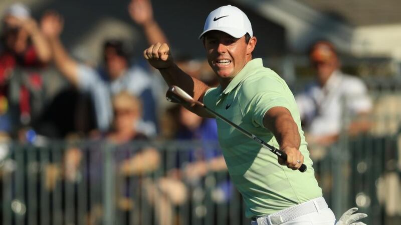 Rory McIlroy reacts on the 15th green after chipping in for a birdie  during the final round at the Arnold Palmer Invitational  at Bay Hill Club and Lodge in Orlando, Florida. Photograph: Mike Ehrmann/Getty Images