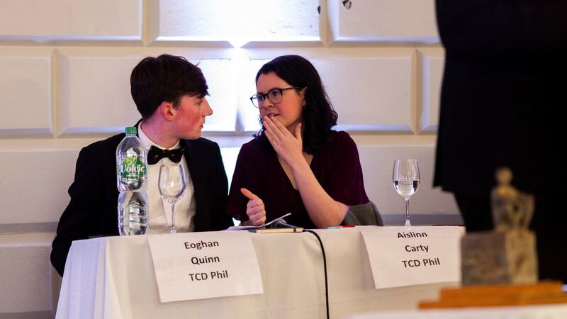 Eoghan Quinn with Aisling Carty, TCD Phil at the Irish Times Debate Finals at TCD. Photograph: John Ohle Photography