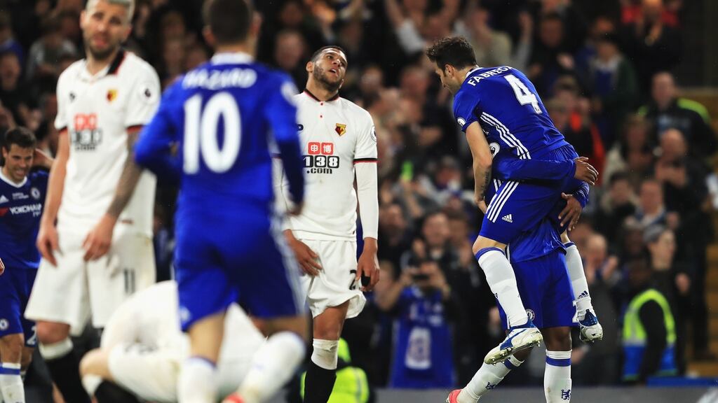 Cesc Fabregas of Chelsea celebrates scoring his side’s fourth goal in their Premier League win over Watford. Photo: Richard Heathcote/Getty Images