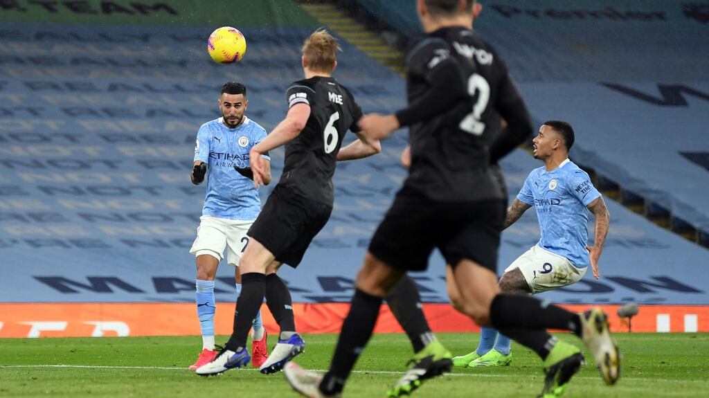 Riyad Mahrez heads home Manchester City’s fifth goal to complete his hat-trick in the Premier League game against Burnley at the Etihad Stadium. Photograph: Michael Regan/PA Wire