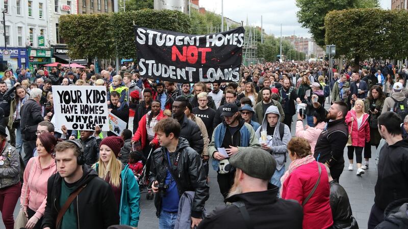 Large crowdes on Dublin’s O’Connell Street during a housing protest. Photograph: Nick Bradshaw