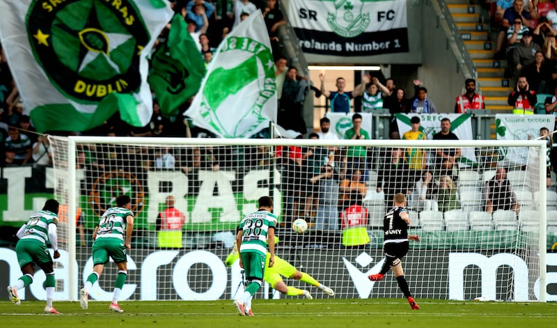 Dundalk’s Daryl Horgan scores his side’s second goal of the game from a penalty. Photograph: Ryan Byrne/Inpho