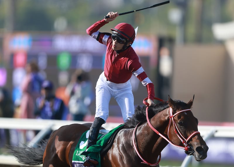 Ryusei Sakai reacts as he wins the Breeders' Cup Classic race aboard Forever Young. Photograph: Sean M Haffey/Getty Images