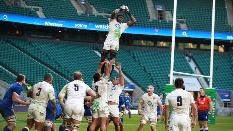 England’s Maro Itoje wins the lineout ball during the Autumn Nations Cup final against France at Twickenham on December 6th, 2020. Photograph:  David Rogers/RFU Collection via Getty Images