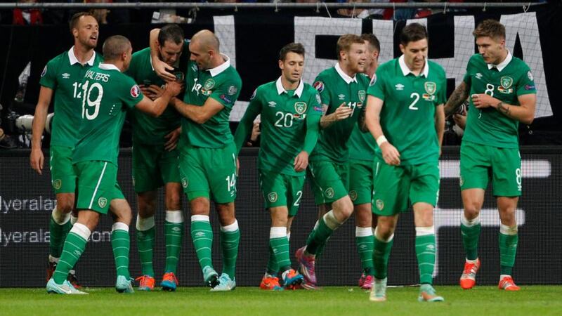 John O’Shea (third left) of Ireland celebrates his goal with team-mates   in Gelsenkirchen. Photograph: Roland Weihrauch /EPA