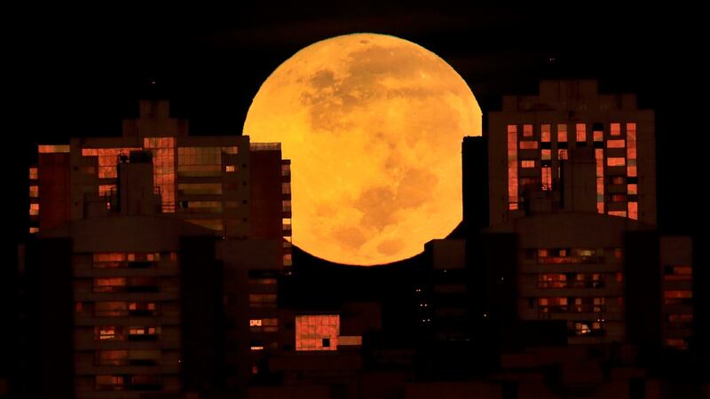 A lunar eclipse is observed during dawn in Brasilia, Brazil. Wednesday’s eclipse is the first in more than two years and coincides with a supermoon. Photograph: Eraldo Peres/AP Photo