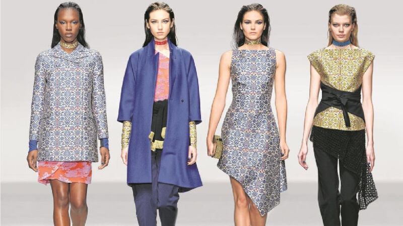 Left: Blue brocade peacoat, €1,470, pink and red silk georgette skirt, €785. Middle left: Blue kimono coat, €1,470, pink structured peplum top, €755, navy cropped trousers, €545, black scarf with gold fringing, €265. Middle right: Blue brocade asymmetric drape dress, €1,160. Right: Yellow brocade top, €770, black cropped trousers, €460; all from Osman at Brown Thomas, Dublin.