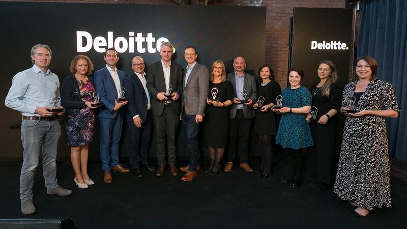The 2019 winners of the Deloitte Financial Services Innovation Awards, pictured (L-R): Joe Dunphy, Fenergo; Sinead Fitzmaurice, TransferMate; Terry Clune, TransferMate; David Dalton, Deloitte; Denis McCarthy, Fexco; Harry Goddard, Deloitte; Mary O’Dea, The Institute of Banking; Rob Neale, Fexco; Helen Cahill, InvoiceFair; Phoebe Toale, AQMetrics; Susan Moran, Xtremepush; Carole Donaghy, Ulster Bank. Photograph: Shane O’Neill.