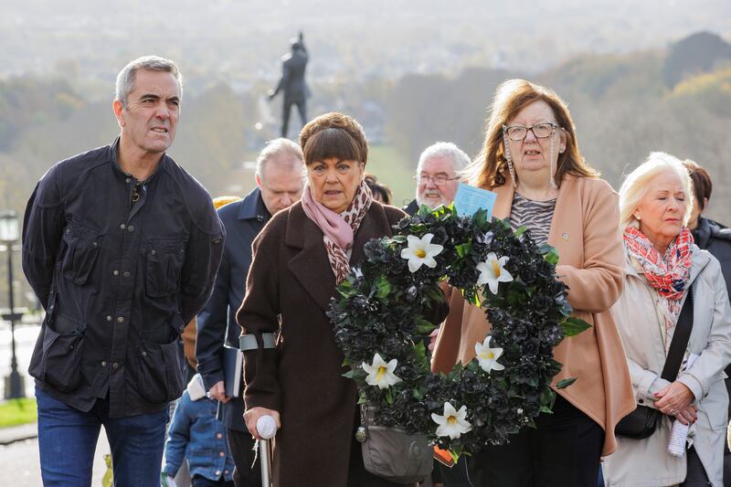 Actor James Nesbitt, Maria Lynskey and Columba McVeigh's sister Dympna Kerr, sister of Columba McVeigh, during the 17th annual All Souls Silent Walk for the Disappeared at Stormont in 2023. Photograph: Liam McBurney/PA Wire