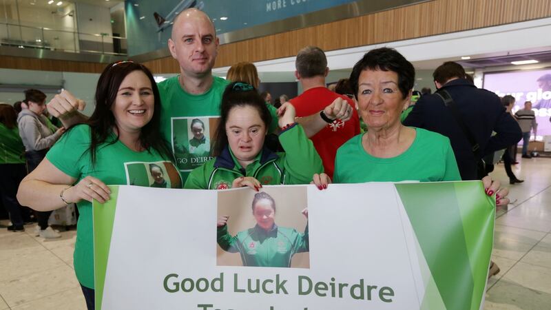Kayaker Deirdre O’Callaghan (centre) pictured with family members (from left) Michelle, Ciaran and Joyce at Dublin Airport as Team Ireland depart for the 2019 Special Olympics World Summer Games in Abu Dhabi. Photograph: Laura Hutton/The Irish Times