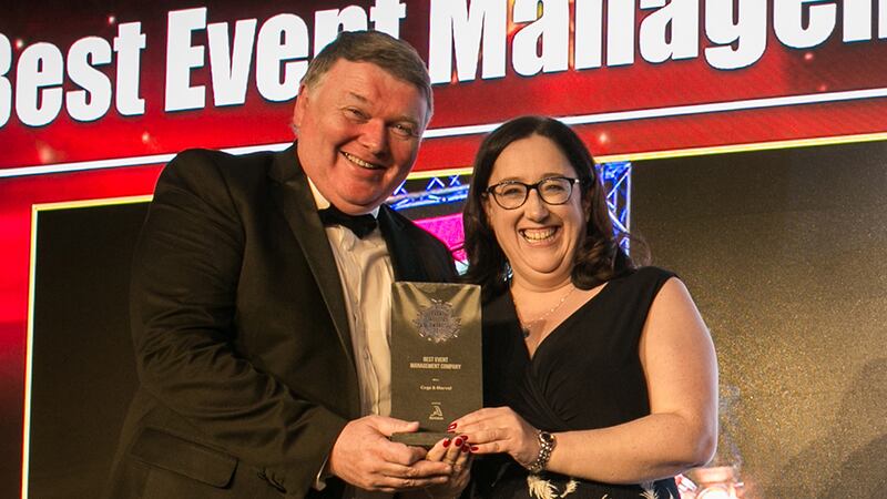 Maeve Buckley, Director Line Up - Sports Media Entertainment presents the Best Event Innovation award to Ronan O'Kelly & Ciara O‘Malley The Half Right.