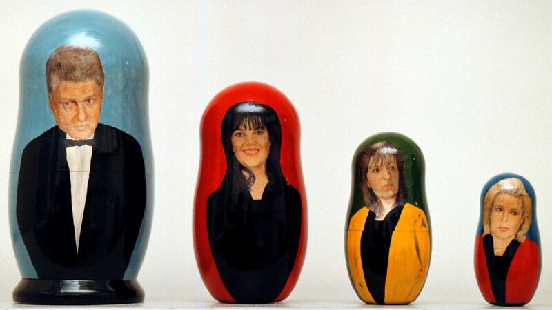 Russian nesting dolls painted with images of President Bill Clinton and women other than his wife to whom he has been linked: Monica Lewinsky, Paula Corbin Jones and Gennifer Flowers. Photograph: Alexander Zemlianichenko/AP