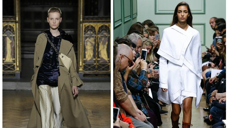 Sharon Wauchob made her London debut at St Cyprian’s Church in Clarence Gate with her familiar easy silhouettes, surface decor and asymmetrical hemlines; J. W. Anderson’s new take on a familiar shape – Irish linen napkins with drawn thread detail.
