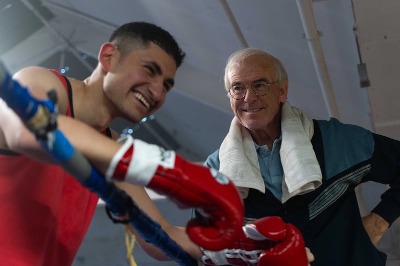 Amir El-Masry as the boxer Prince Naseem Hamed and Pierce Brosnan as his coach Brendan Ingle in the film Giant. Photograph: Sam Taylor