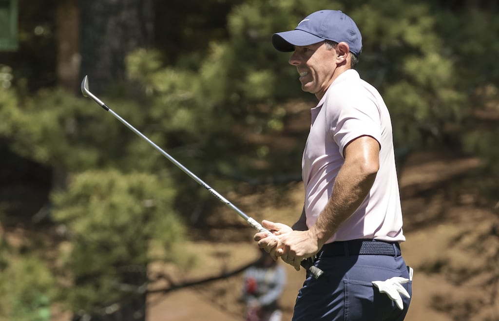 Rory McIlroy in action on the 10th hole during the third round of the Masters at Augusta National Golf Club. Photograph: John G Mabanglo/EPA