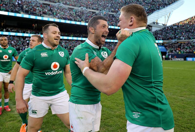 Ireland's Rob Kearney and Tadhg Furlong celebrate after beating New Zealand for the first time in 2016. Photograph: Dan Sheridan/Inpho
