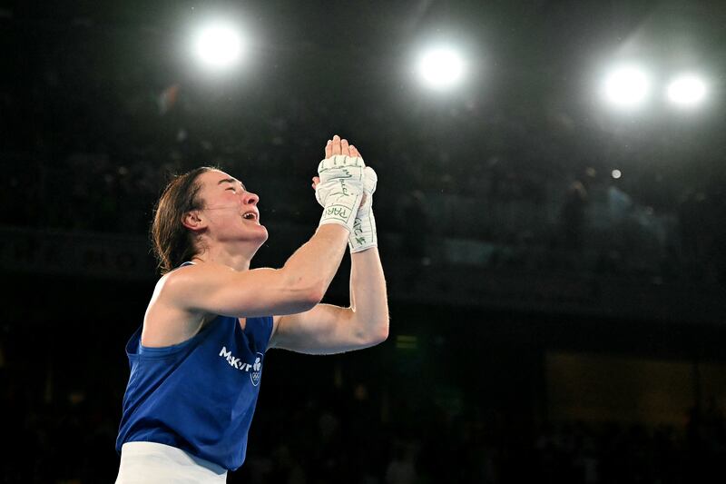 Ireland's Kellie Harrington reacts after beating China's Yang Wenlu in the 60kg final during the Paris 2024 Olympic Games at the Roland-Garros Stadium, in Paris on August 6th, 2024. Photograph: Getty Images