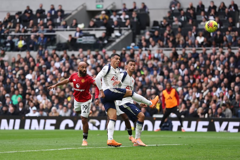 Bryan Mbeumo of Manchester United scores his team's first goal. Photograph: Alex Pantling/Getty