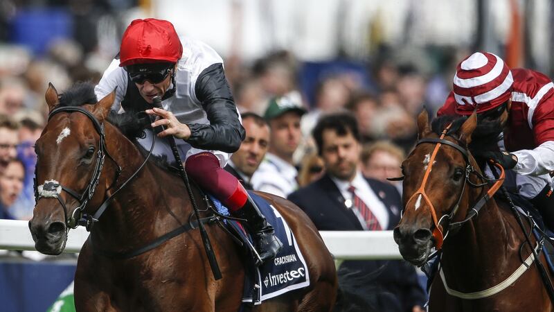 Frankie Dettori riding Cracksman to  victory in  The Investec Coronation Cup at Epsom in June. The pair will be reunited for the Champion Stakes at Ascot. Photograph:  Alan Crowhurst/Getty Images