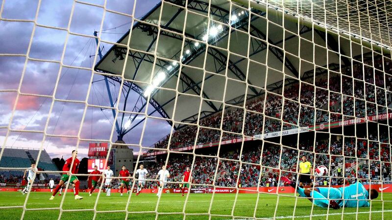 Bazunu saving a penalty from Cristiano Ronaldo during his spell as Ireland's number one 'keeper. Photograph: Ryan Byrne/Inpho