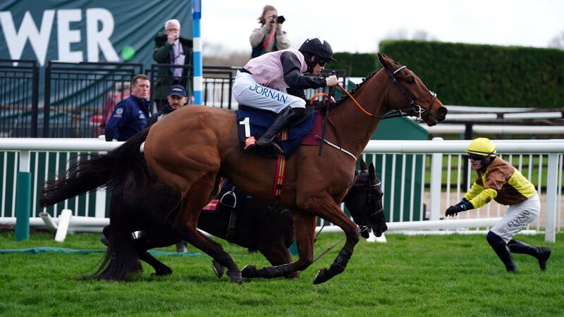 Bob Olinger ridden by Rachael Blackmore goes past faller Galopin Des Champs ridden by Paul Townend on their way to winning the Turners Novices’ Chase at Cheltenham. Photograph:  David Davies/PA Wire