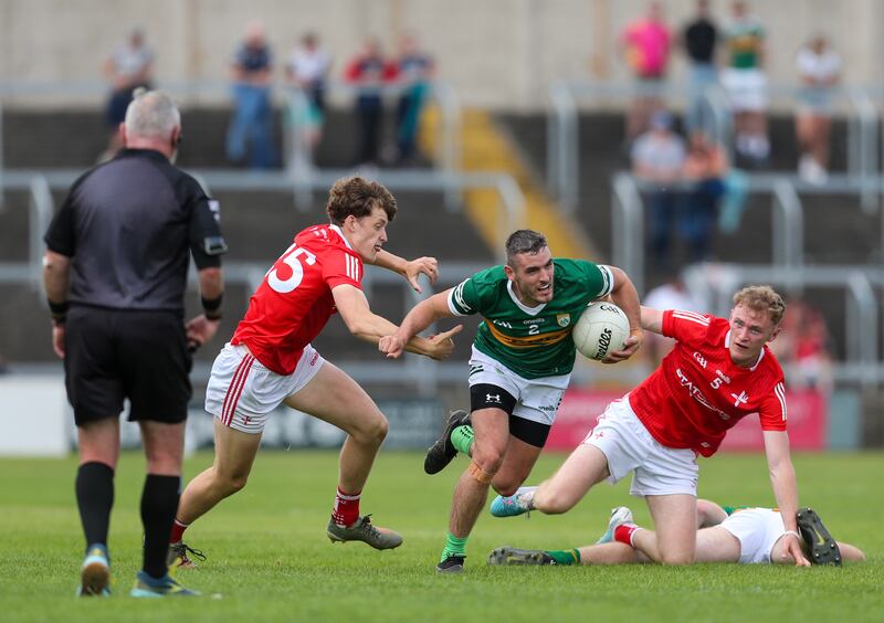 Kerry’s Graham O’Sullivan in action against Louth’s Dylan McKeown and Leonard Grey. Photograph: Ken Sutton/Inpho 
