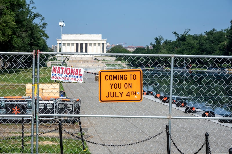 Fencing and signs advertising the upcoming events celebrating the nation’s 250th anniversary block visitors from the Lincoln Memorial Reflecting Pool in Washington. Photograph: The New York Times
                      