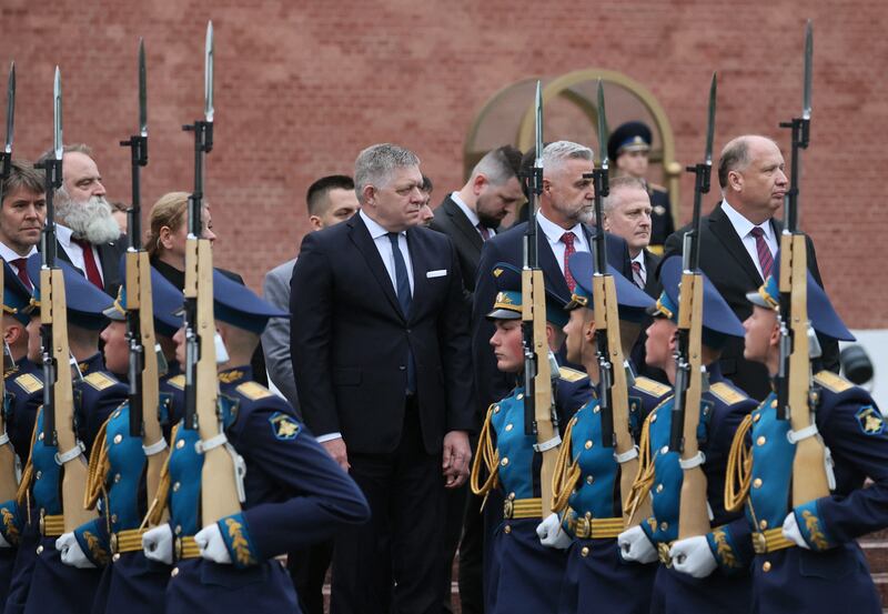 Slovak prime minister Robert Fico attends a wreath-laying ceremony at the Tomb of the Unknown Soldier by the Kremlin Wall in Moscow on Friday. Photograph: Shamil Zhumatov/Pool/AFP via Getty