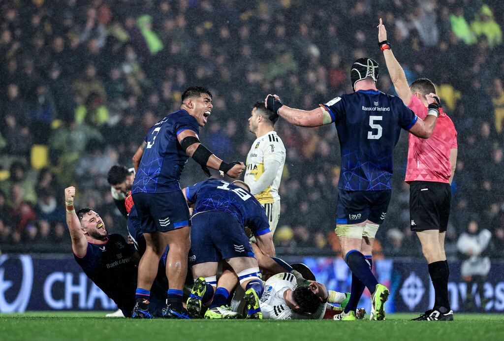 Robbie Henshaw, Michael Ala'alatoa and James Ryan celebrate the award of a penalty during Leinster's victory over La Rochelle last weekend. Photograph: Dan Sheridan/Inpho