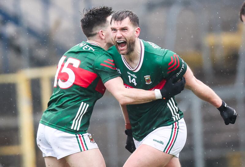 Mayo's Aidan O'Shea celebrates after scoring a goal. Photograph: Tom Maher/Inpho