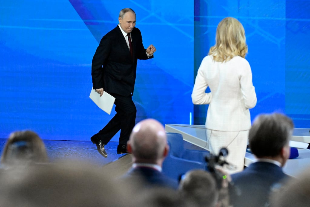 Russian President Vladimir Putin arrives to hold his annual end-of-year press conference in Moscow. Photograph: Alexander Nemenov/AFP via Getty Images